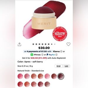 MERIT Lip and Cheek Tint in Apres (Soft Berry)